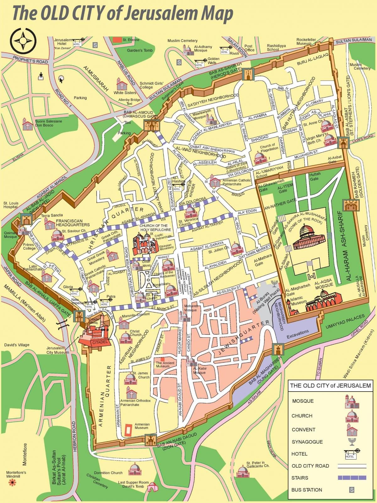 kaart van de oude binnenstad van Jeruzalem